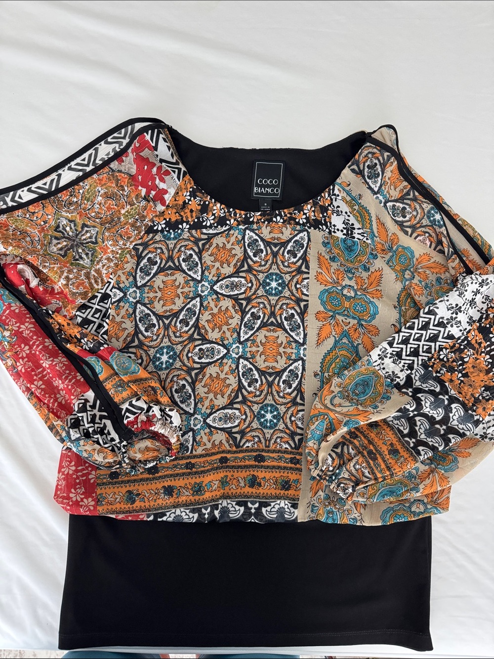 Coco Bianco Multicolor Mosaic Patchwork Tunic with Black Hem